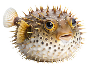 Close up of puffer fish isolated on transparent background, studio shot