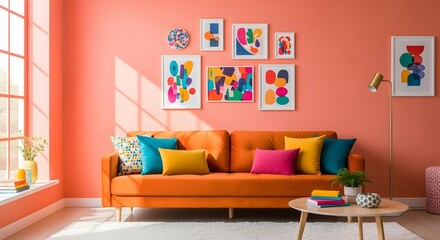 Obraz premium Vibrant living room with orange sofa and colorful abstract art