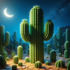 Stunning desert landscape at night with glowing moon and vibrant cacti under starry sky