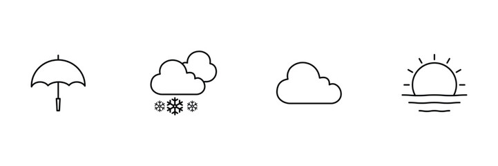 Umbrella, snow cloud, simple cloud, sunrise symbol icon collection, weather outline vector illustration, climate minimal line art set.