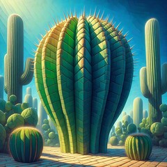Textured Cactus on a vibrant desert landscape under a clear blue sky, a surreal botanical vision