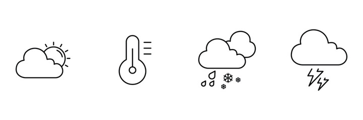 Partly cloudy sun, temperature, rain and snow, thunderstorm icon collection, weather line vector illustration, climate minimal symbol art.