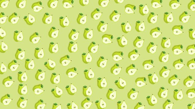 A seamless pear fruit pattern with fresh yellow-green tones on a soft green background. Perfect for packaging, wallpaper, textiles, wrapping paper, and playful summer designs.