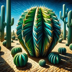 Textured Cactus on a vibrant desert landscape under a clear blue sky, a surreal botanical vision