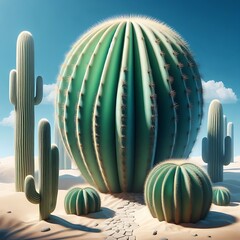 Arid desert landscape with vibrant large green cacti under a bright blue sky perfect for travel posters