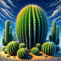 Arid desert landscape with vibrant large green cacti under a bright blue sky perfect for travel posters