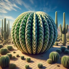 Arid desert landscape with vibrant large green cacti under a bright blue sky perfect for travel posters