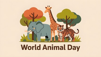 Cartoon giraffe, zebra, tiger, and koala with green leaves, World Animal Day 4 October, wildlife conservation and biodiversity awareness.