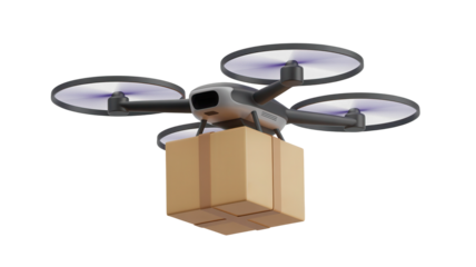 Modern delivery drone with a cardboard package held by a human hand symbolizing future logistics and automated shipping services isolated on transparent background