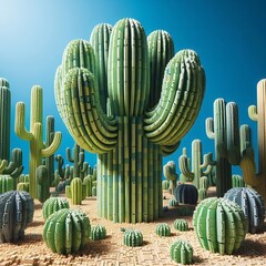 Giant Cactus on vibrant desert under bright blue skies, a stunning botanical landscape illustration for design work
