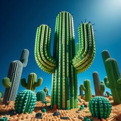 Giant Cactus on vibrant desert under bright blue skies, a stunning botanical landscape illustration for design work
