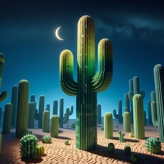 Moonlit desert landscape with vibrant cactus garden under the moonlight for travel and nature designs