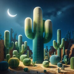 Stunning desert landscape at night with glowing moon and vibrant cacti under starry sky