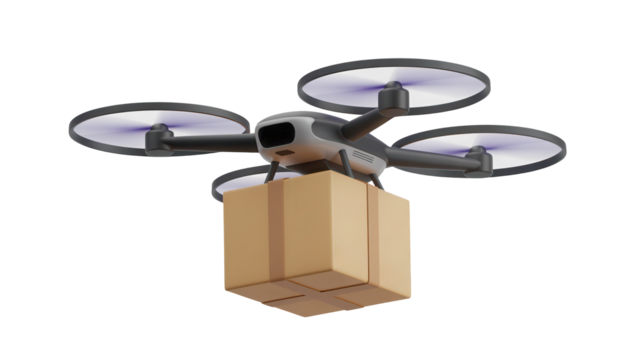 Modern delivery drone with a cardboard package held by a human hand symbolizing future logistics and automated shipping services isolated on transparent background