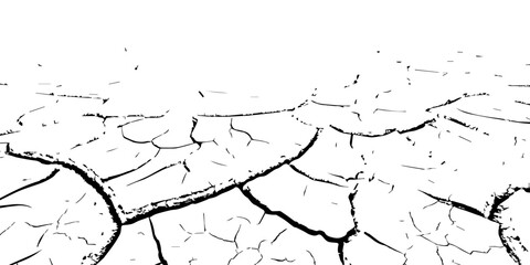 Cracked dry earth surface showing drought and arid land pattern. High-contrast black and white cracked soil background ideal for climate change, desertification, and natural texture design.

