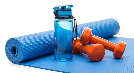 Fitness equipment isolated on white background, including a mat, water bottle, and dumbbells
