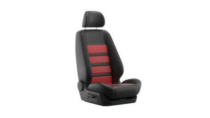 Modern automotive car seat with black fabric and red accents for comfort and style isolated on transparent background