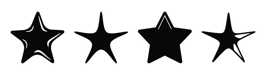 Fototapeta premium Collection of four stylized black five-pointed stars with textured edges