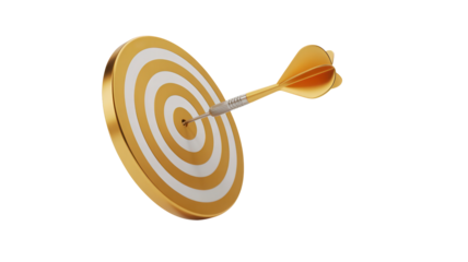 Golden and white striped dartboard with a golden dart perfectly hitting the bullseye isolated on transparent background