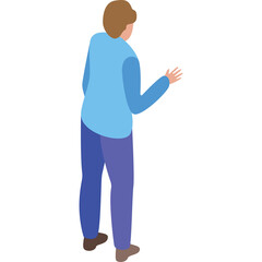 Isometric perspective of a person wearing a light blue long sleeve shirt and dark blue pants against a white background with a transparent background element