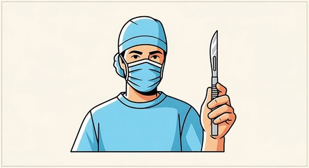 Surgeon holding scalpel ready for operation in medical environment.