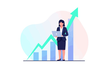Obraz premium Modern flat vector design illustrating a businesswoman's career growth and financial success with an upward graph