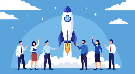 Innovative flat design illustrating a business startup launch with a team and a rocket soaring into the sky