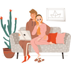 Couple Relaxing on Sofa Using Laptop with Cactus Plant and Art on Wall Cozy Indoor Scene with Warm Lighting
