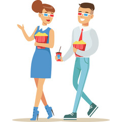 Couple Wearing 3D Glasses Holding Popcorn Buckets Walking Together Enjoying Entertainment Activity Outdoor