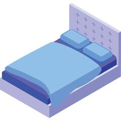 Cozy Double Bed With Blue Linens And Padded Headboard In A Soft Purple Frame With A Subtle Cross Pattern On A White Background Isometric View