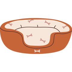 Cozy Brown Dog Bed with Light Beige Interior Featuring Small Bone Pattern and White Bone Detail on the Front Against a Transparent Background