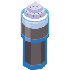 Creamy layered beverage in a tall glass with a blue hexagonal base and light purple topping featuring dark sprinkles, isometric view against a white background