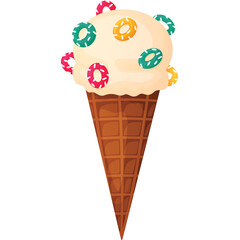 Creamy Vanilla Ice Cream Cone Topped With Colorful Cereal Rings In A Brown Sugar Cone On A White Background