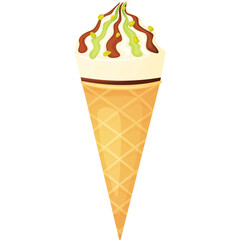 Creamy vanilla ice cream cone with chocolate drizzle and pistachio topping on a transparent background a delightful frozen dessert