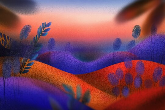 Abstract landscape with vibrant colors and minimalistic botanical elements at sunset
