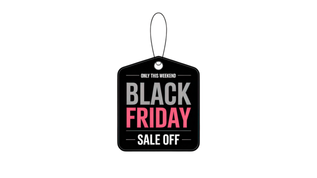 Black friday sale off tag with bold text and decorative elements isolated on transparent background