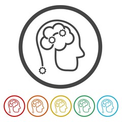 Human head brain and gear icon. Set icons in color circle buttons