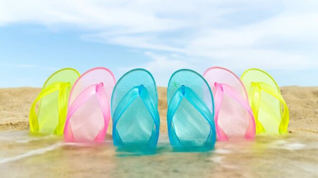 A photo of brightly colored flip-flops in a row on a sandy beach with sky and waves behind