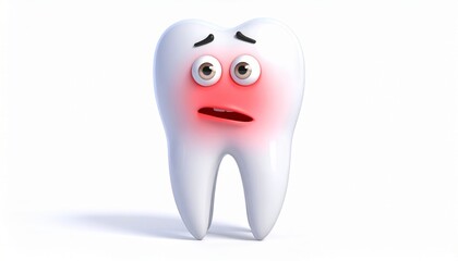 A single sad tooth showing pain, red highlights, isolated on white background after biting hard ice, dental discomfort concept