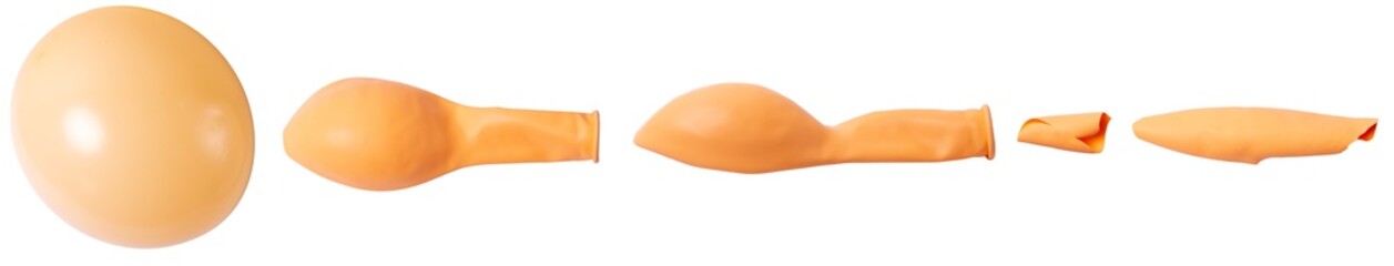 Isolated set of orange inflated, deflated and torn balloon on a white background	