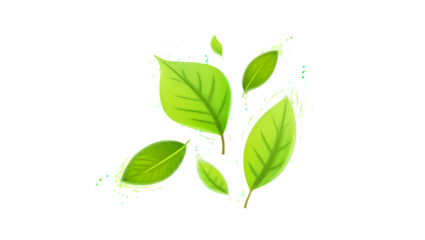 Several green leaves floating in the air isolated on transparent background