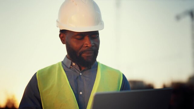 Inspired african american man looking at construction site and dreaming. Portrait of professional builder, foreman or engineer examining new building in city, medium shot with black man in helmet