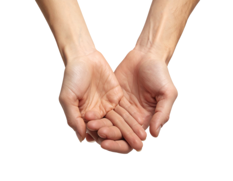 Close-Up of Two Hands Holding Each Other, Front View, Natural Skin Tones, Isolated on Transparent Background