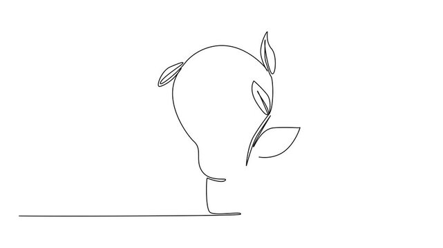 Self drawing animation of single one line drawing bulb lamp with leaves on the side. Energy symbolization can coexist with nature. Environmentally friendly. World Plant Power Day. Full length animated