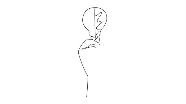 Animation of single one line drawing a hand holding leaf shaped like a bulb lamp. The need for energy and protecting. World Plant Power Day. Continuous line self drawing animated. Full length motion