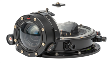 Professional underwater camera housing for photography and videography, isolated on transparent background