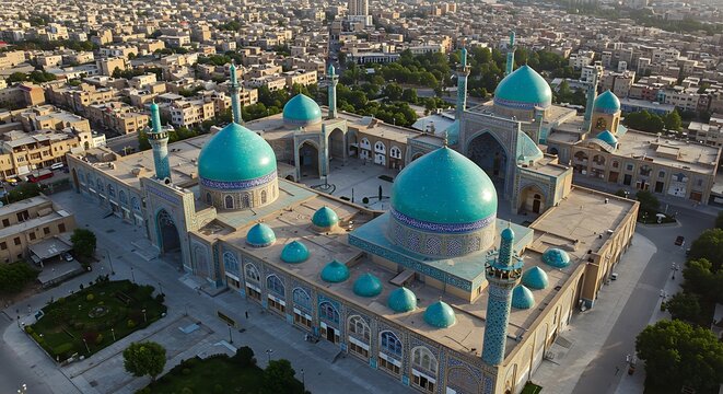 Aerial view of the Jamkaran Mosque, a significant religious site with turquoise domes in Qom, Iran.
