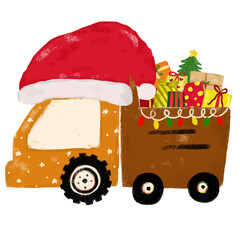 Cute christmas xmas construction site dump trash truck vehicles transportation with gift presents boxes doodle hand drawn kids crayon watercolor illustration sticker clipart
