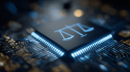 Justice in the Digital Age: An illuminated scale of justice symbol superimposed on a computer microchip, representing law and technology
