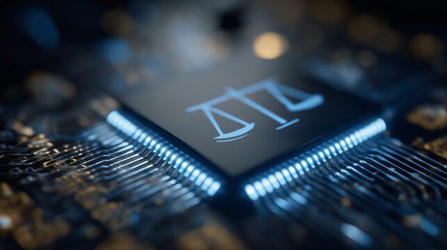 Justice in the Digital Age: An illuminated scale of justice symbol superimposed on a computer microchip, representing law and technology